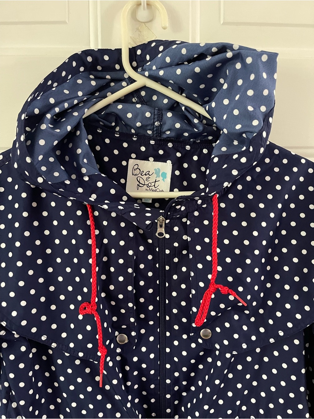 Modcloth Navy and White Polka Dot Rain Coat with Red Drawstrings - Picture 4 of 9
